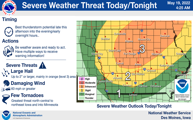 Severe storms likely with large hail, damaging winds, and a few tornadoes this afternoon and tonight.